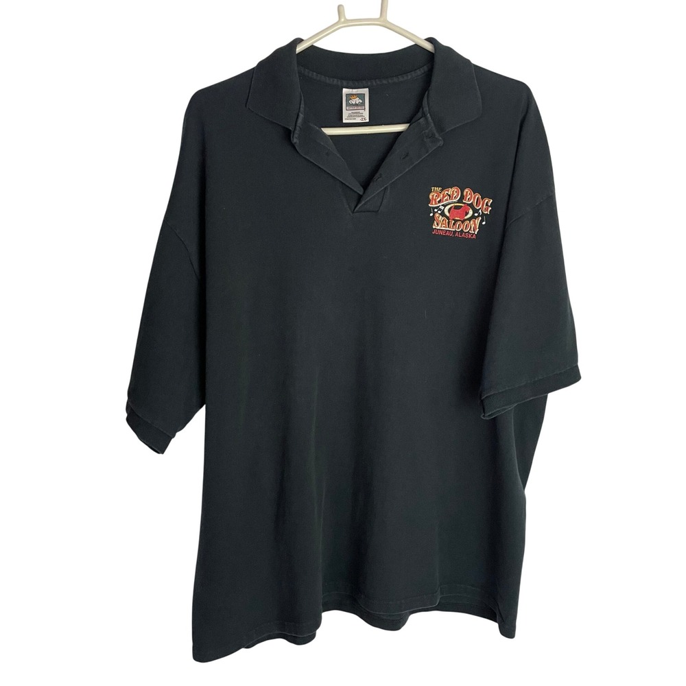 Vintage Mens Red Dog Saloon Polo Shirt Size 2X Black Juneau Alaska Cotton Deluxe